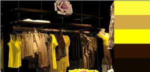 display clothing store by color yellow brown